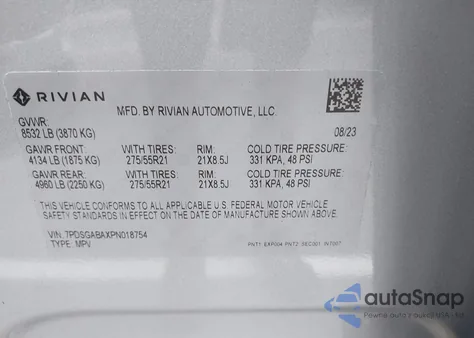 2023 Rivian R1S Adventure z USA, uszkodzony, nr VIN 7PDSGABAXPN018754